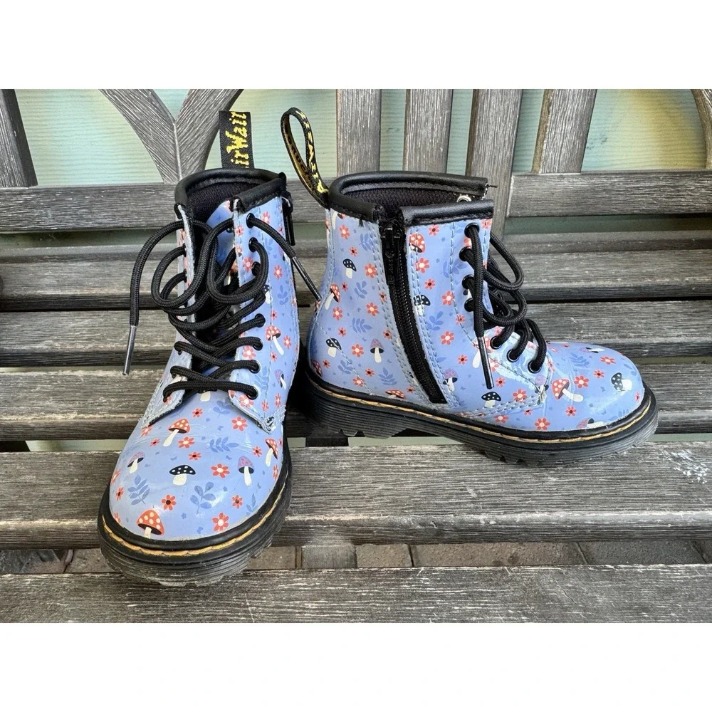 Dr. Doc Martens Woodland Blue Floral Mushroom Bloom Lace Up Zip Boots Kids US 8